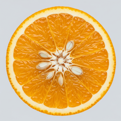 A detailed close-up cross-sectional image of a Salustiana Orange from the oranges taxonomy, sliced cleanly in half to reveal the interior segments, pulp, and rind structure