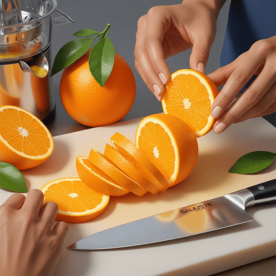 A realistic depiction of a Salustiana Orange from the oranges taxonomy being used in a culinary context, such as being sliced on a cutting board or prepared for juice