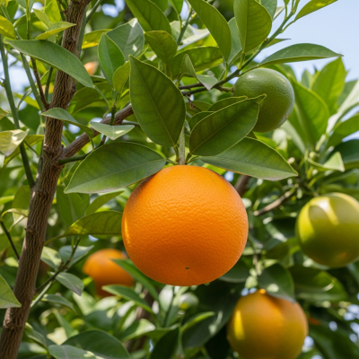A naturalistic scene featuring a Salustiana Orange from the oranges taxonomy growing on a tree with leaves and branches visible