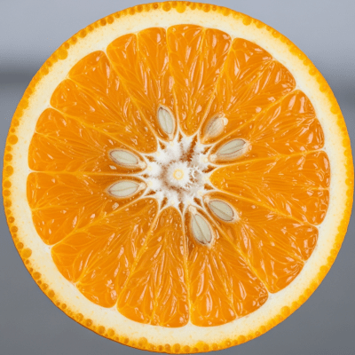 A detailed close-up cross-sectional image of a Salustiana Orange from the oranges taxonomy, sliced cleanly in half to reveal the interior segments, pulp, and rind structure