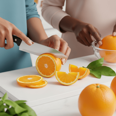 A realistic depiction of a Salustiana Orange from the oranges taxonomy being used in a culinary context, such as being sliced on a cutting board or prepared for juice