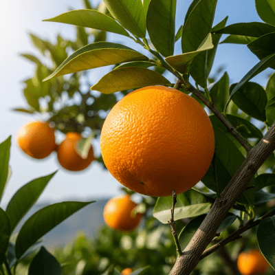 A naturalistic scene featuring a Salustiana Orange from the oranges taxonomy growing on a tree with leaves and branches visible