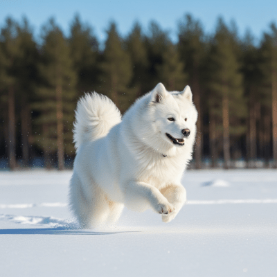 Full body action shot of a Samoyed