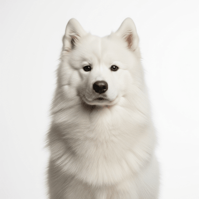 High quality studio photograph of a single Samoyed