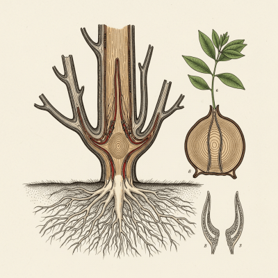 Detailed botanical illustration of the internal structure of a Sandalwood