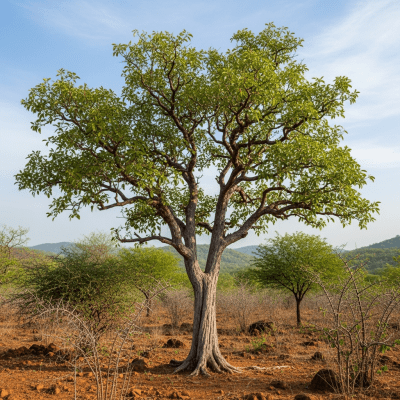 A realistic depiction of a mature Sandalwood (trees) in its typical natural environment
