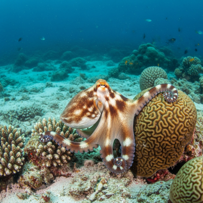 A realistic underwater scene featuring a Sandbird Octopus of the taxonomy octopuses in its natural marine environment