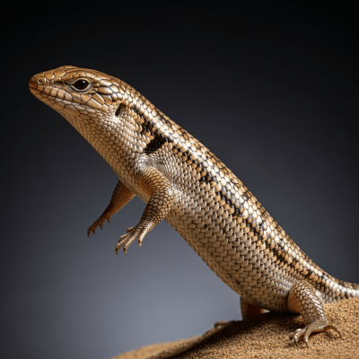 Editorial-style hero shot of a Sandfish Skink (lizards), captured in dramatic lighting against a dark gradient background.