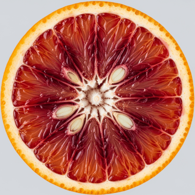 A detailed close-up cross-sectional image of a Sanguinello Blood Orange from the oranges taxonomy, sliced cleanly in half to reveal the interior segments, pulp, and rind structure