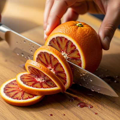 A realistic depiction of a Sanguinello Blood Orange from the oranges taxonomy being used in a culinary context, such as being sliced on a cutting board or prepared for juice