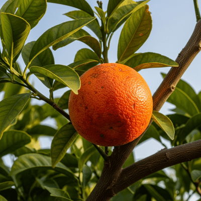 A naturalistic scene featuring a Sanguinello Blood Orange from the oranges taxonomy growing on a tree with leaves and branches visible
