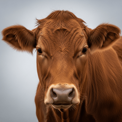 Close-up photograph of the head and face of a Santa Gertrudis, focusing on distinctive features such as eyes, ears, and fur texture