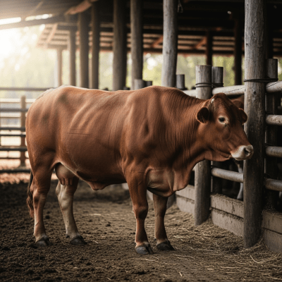 Documentary-style image of a Santa Gertrudis in a barn or shelter environment, showing typical housing conditions for cows