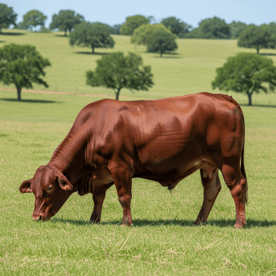 Naturalistic image of a Santa Gertrudis in its typical environment, such as a grassy pasture or open field