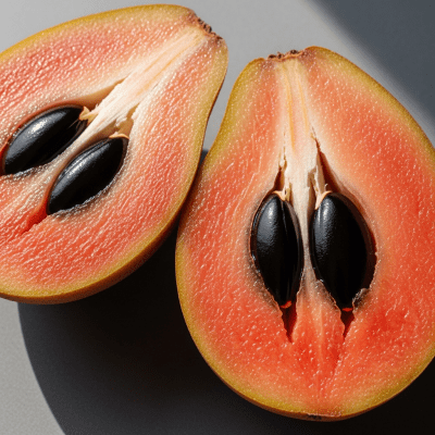 A close-up image showing a cross-section of the Sapodilla, belonging to the fruits taxonomy