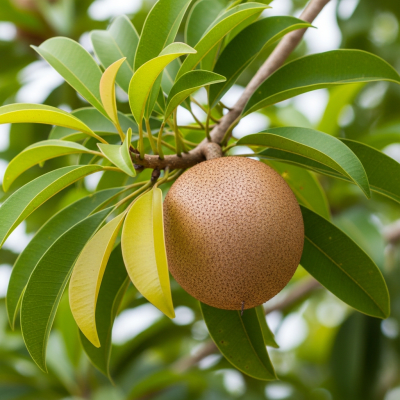 A photograph of a fresh Sapodilla from the fruits taxonomy as it appears in its natural growing environment, such as on a tree, bush, or vine