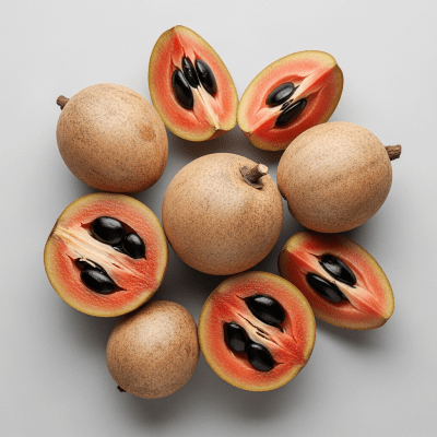 An overhead view photograph of several pieces of the Sapodilla, from the fruits taxonomy, arranged aesthetically on a plain background