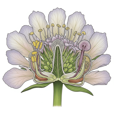 Cross-sectional illustration of a Scabiosa (flowers), showing internal parts such as stem, petals, and reproductive organs