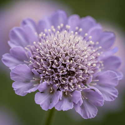 Detailed macro image of a Scabiosa (flowers), focusing on the intricate structure of petals, stamens, and pistil