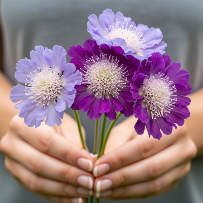 Photograph of a Scabiosa (flowers) being held or interacted with by a person in a gentle way