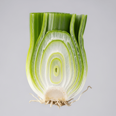 A detailed cross-sectional image of a Scallion (onions) cut in half to reveal its internal layers and structure
