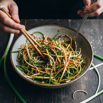 A cultural representation of a Scallion (onions) featured in a traditional dish or meal setting