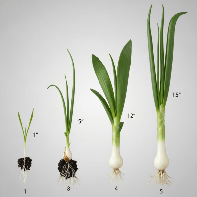 An image showing multiple stages of growth for a single type of Scallion (onions), from seedling to mature bulb
