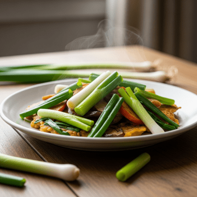 Photograph of a prepared dish or serving featuring the Scallion, as commonly used in cuisine within the taxonomy vegetables