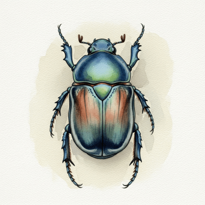 Artistic depiction of a single Scarab Beetle, belonging to the taxonomy insects