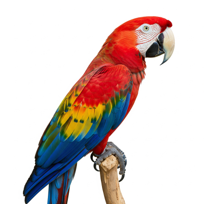 High quality studio photograph of a single Scarlet Macaw