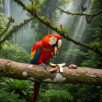 Photorealistic image of a Scarlet Macaw (birds) in its typical natural environment