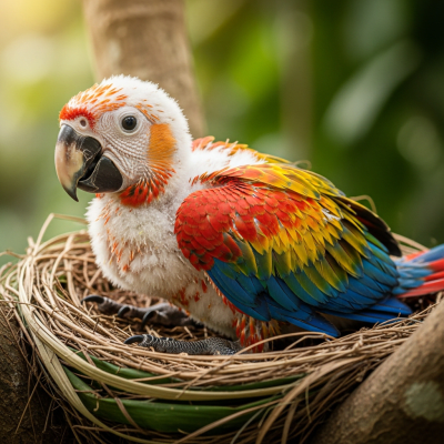 Image of a juvenile or chick stage of the Scarlet Macaw, within the taxonomy birds