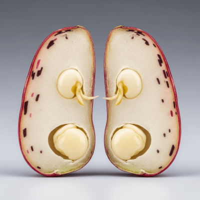 A cross-sectional view of a single Scarlet Runner Bean (beans), sliced cleanly to reveal its internal structure and composition