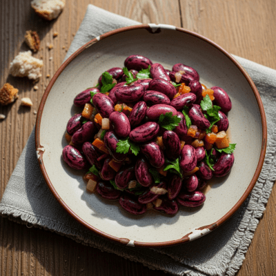 Image of cooked Scarlet Runner Bean (beans) presented as part of a traditional dish or cuisine, plated attractively and photographed from above