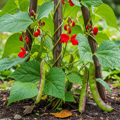 An image of Scarlet Runner Bean, belonging to the taxonomy beans, displayed in its natural environment—such as growing on a plant or vine, surrounded by leaves and soil
