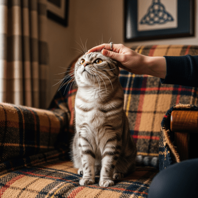 Image of a Scottish Fold interacting with humans or participating in cultural activities