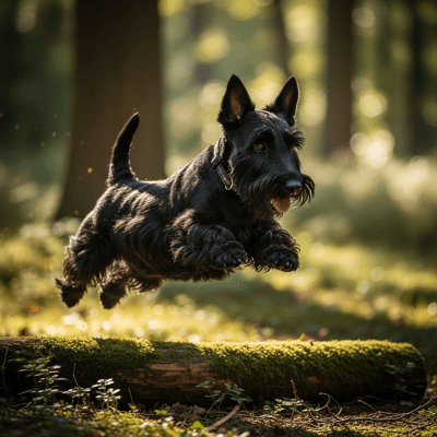 Full body action shot of a Scottish Terrier