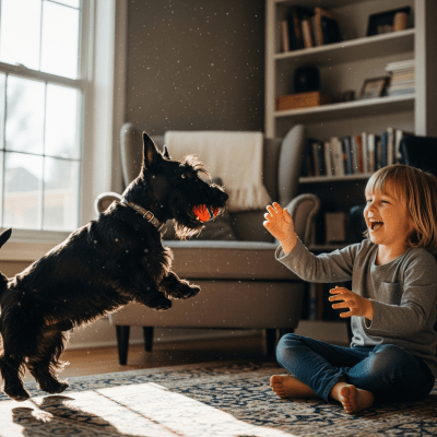 Image of a Scottish Terrier interacting with humans in a typical cultural or domestic setting
