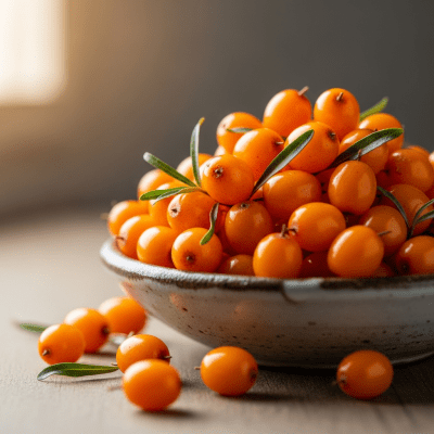 A high resolution image of several fresh Sea Buckthorn Berrys arranged in a simple bowl, representing their use within the taxonomy berries