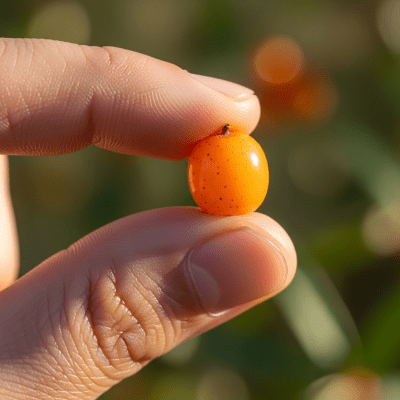 A factual photograph of a hand holding a ripe Sea Buckthorn Berry, illustrating its size and appearance for the taxonomy berries