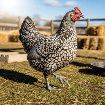 Naturalistic image of a Sebright belonging to the chicken taxonomy in its typical outdoor environment