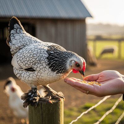 Photograph of a Sebright from the chicken taxonomy interacting with humans in a typical farm setting