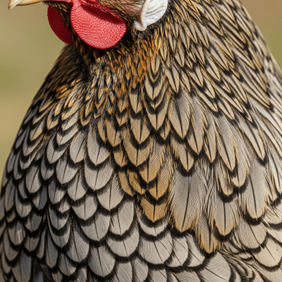 Close-up macro photograph highlighting the feather texture and coloration of a Sebright from the chicken taxonomy