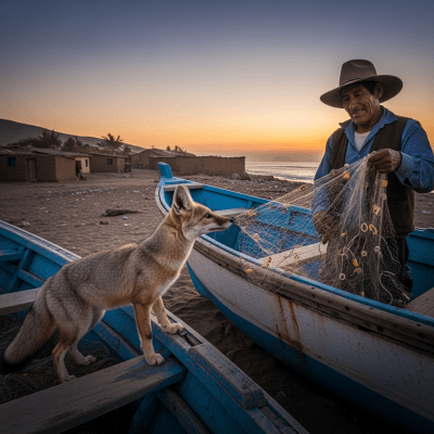 Image of a Sechuran Fox interacting with humans in a cultural or practical context