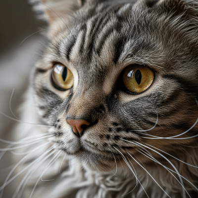 Close-up macro photograph of the face of a Selkirk Rex Longhair