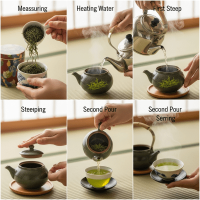 Step-by-step visual depiction showing the preparation process for Sencha, within the taxonomy teas