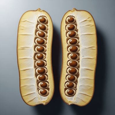 Close-up macro image of the Senna (legumes) cut in half, displaying its internal structure and details such as seed arrangement, pod interior, or cross-section textures