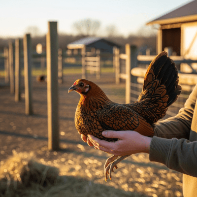 Photograph of a Serama from the chicken taxonomy interacting with humans in a typical farm setting