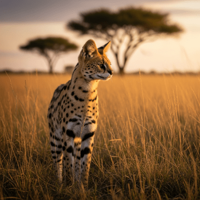 Photorealistic image of a Serval (felines) in its natural habitat