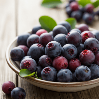 A high resolution image of several fresh Serviceberrys arranged in a simple bowl, representing their use within the taxonomy berries